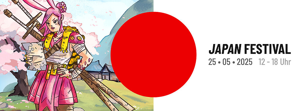 Illustration einer pink gekleideten Anime-Figur mit Schwertern vor Kirschblüten; rechts daneben Text zum Japan Festival am 25. Mai 2025.