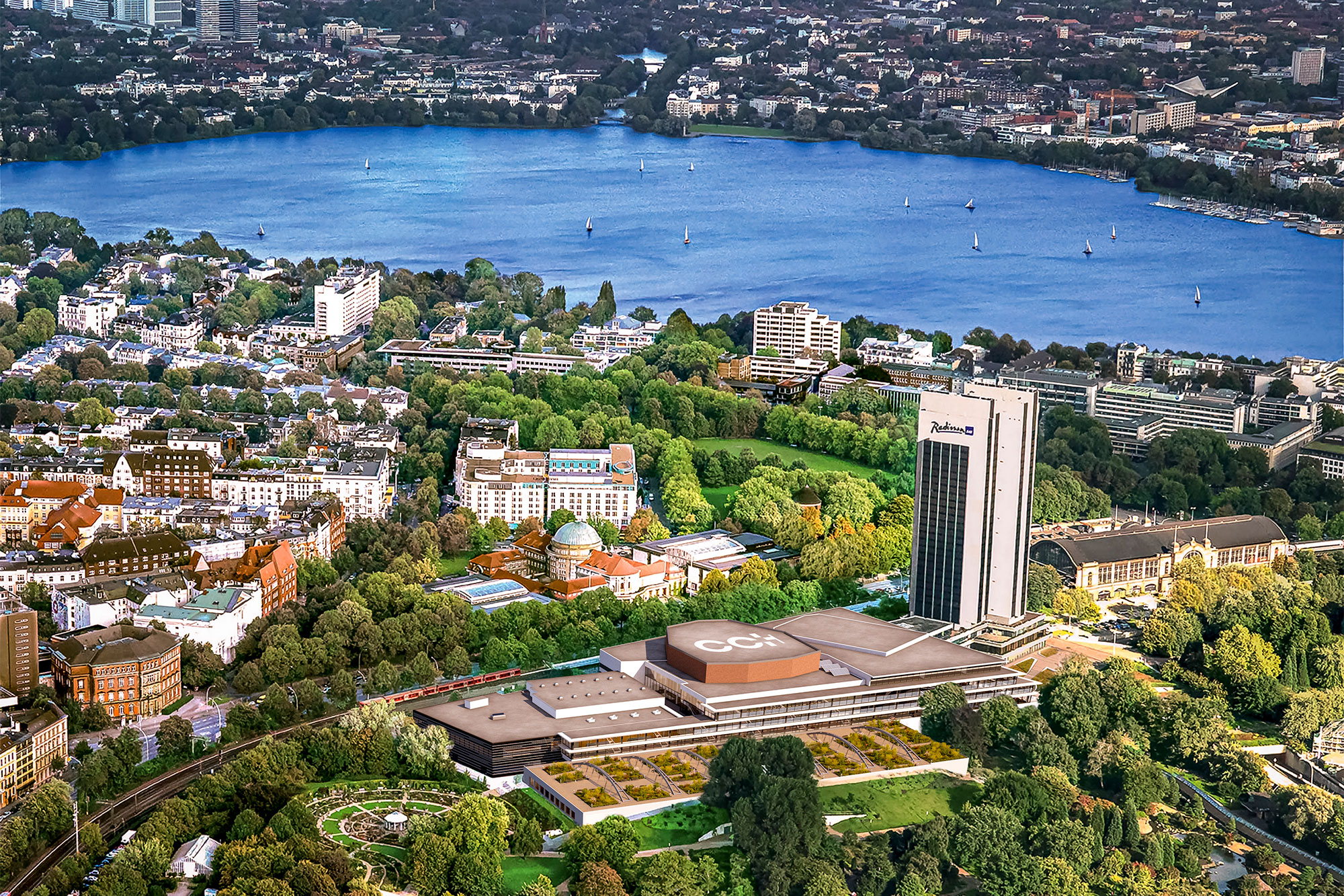 Radisson Blu Hotel aus der Vogelperspektive fotografiert, im Hintergrund die Alster